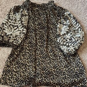 THML Leopard Print Blouse with Lace Sleeves